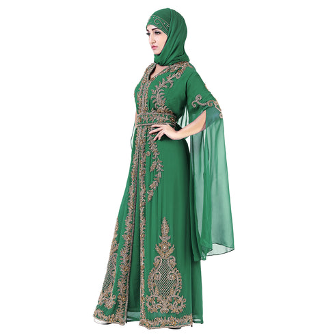 Dark Green color luxurious Long Sleeves Handmade Moroccan Kaftan Embroidered zari work hijab