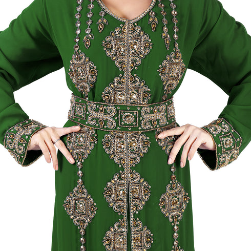 Dark-Green color luxurious Full Sleeves Handmade Moroccan Kaftan With Sun-proof hijab.
