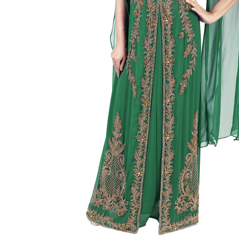 Dark Green color luxurious Long Sleeves Handmade Moroccan Kaftan Embroidered zari work hijab