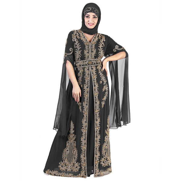 Black color luxurious Long Sleeves Handmade Moroccan Kaftan Embroidered zari work hijab