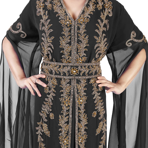 Black color luxurious Long Sleeves Handmade Moroccan Kaftan Embroidered zari work hijab