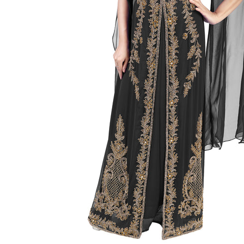 Black color luxurious Long Sleeves Handmade Moroccan Kaftan Embroidered zari work hijab