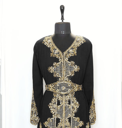 Black luxurious full sleeve embroidered Moroccan Kaftan With Sun-proof hijab.