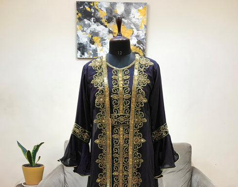 Black luxurious Bell Sleeves Moroccan Kaftan With Sun Proof Hijab.