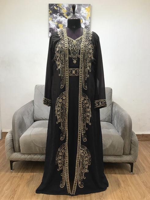 Black luxurious Moroccan Kaftan With Sun-proof hijab.