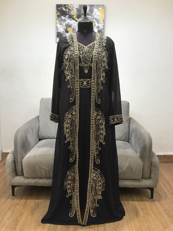 Black luxurious Moroccan Kaftan With Sun-proof hijab.