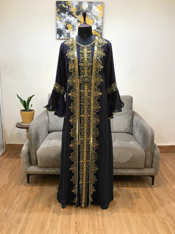 Black luxurious Bell Sleeves Moroccan Kaftan With Sun Proof Hijab.
