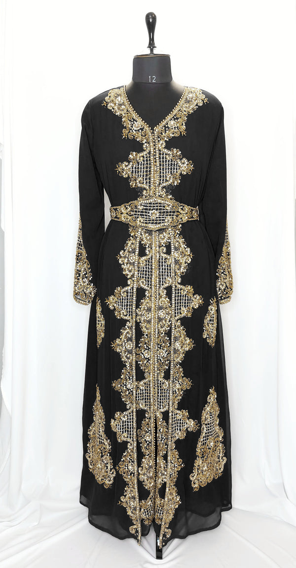 Black luxurious full sleeve embroidered Moroccan Kaftan With Sun-proof hijab.