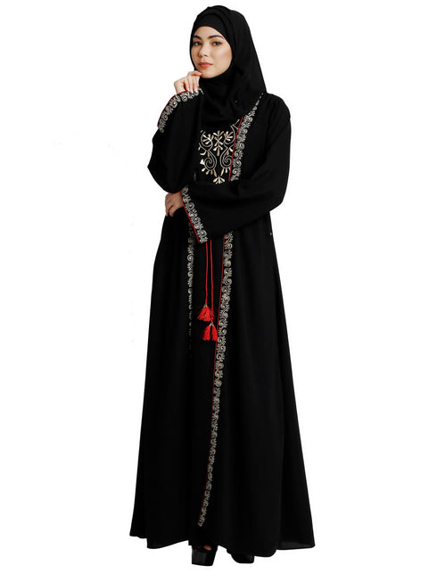 Layered abaya with embroidery work-Black