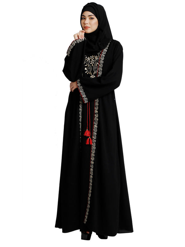 Layered abaya with embroidery work-Black
