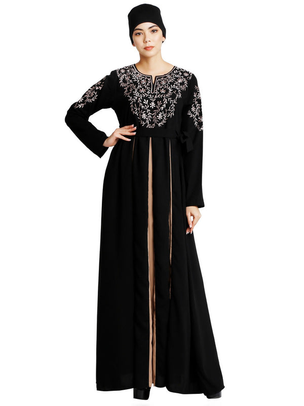 Umbrella abaya with embroidery work - Black-Khaki