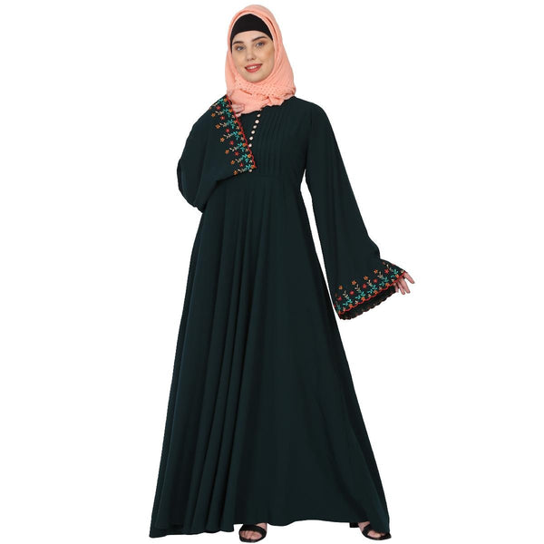 Fashionable Umbrella abaya with embroidery work - Bottle green