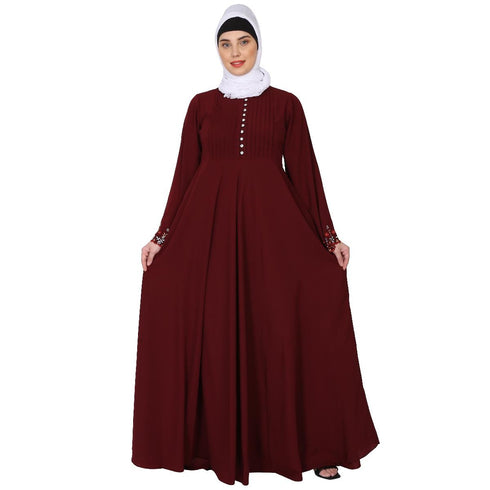 Fashionable Umbrella abaya with embroidery work - Maroon