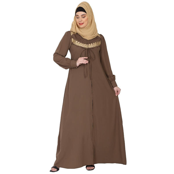 Zipper Front open pleated abaya with lace work- Beige