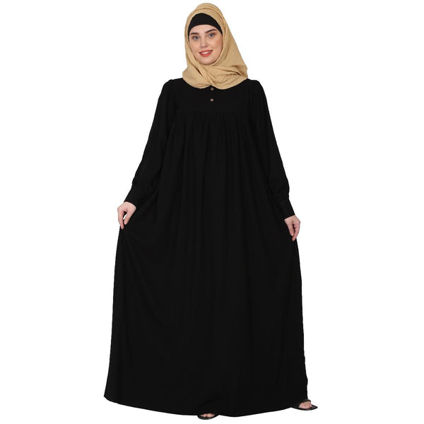 Casual cuff sleeves pleated abaya- Black