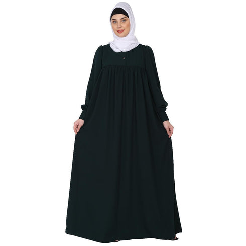 Casual cuff sleeves pleated abaya- Bottle green