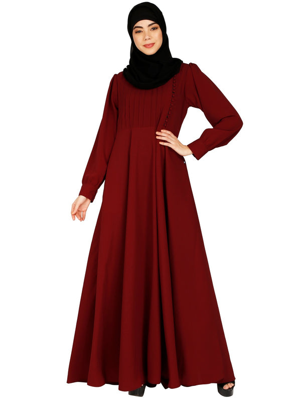 Umbrella abaya with potli buttons neck design- Maroon