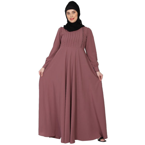 Umbrella abaya with potli buttons neck design- Puce pink