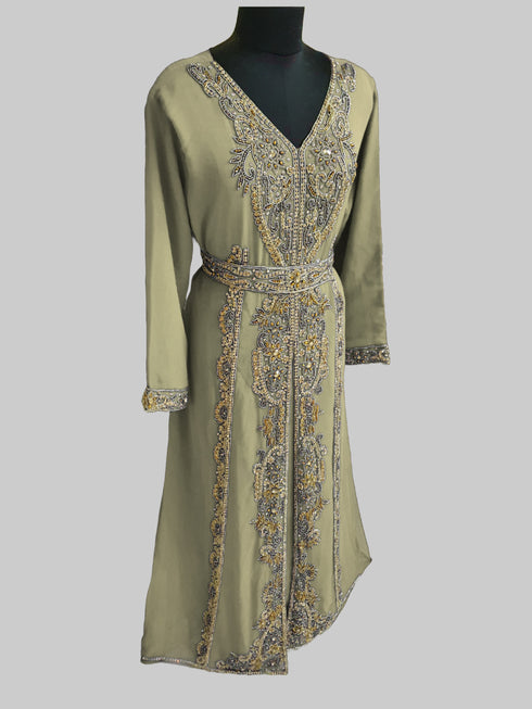 Beige color luxurious Full Sleeves Handmade Moroccan Kaftan.