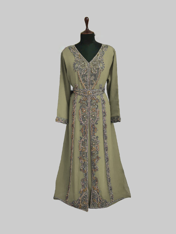 Beige color luxurious Full Sleeves Handmade Moroccan Kaftan.