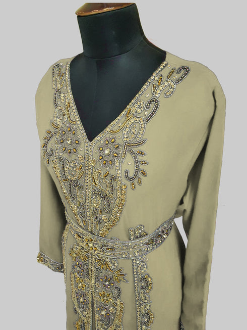 Beige color luxurious Full Sleeves Handmade Moroccan Kaftan.