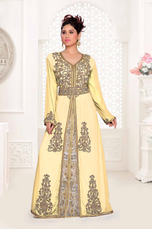 Beige & White color luxurious Handmade Moroccan Kaftan with hijjab