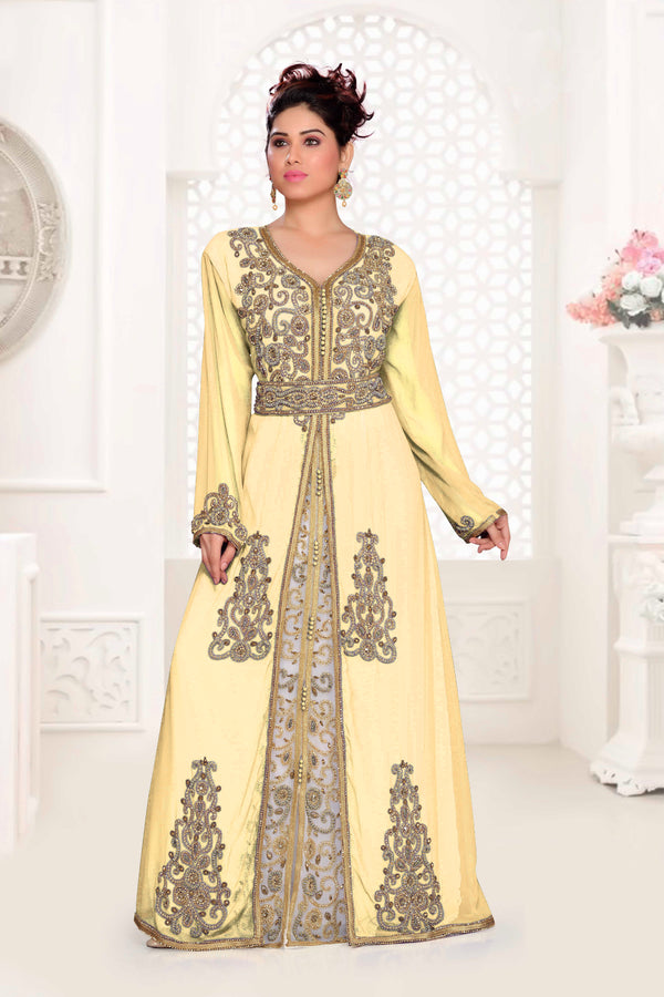 Beige & White color luxurious Handmade Moroccan Kaftan with hijjab