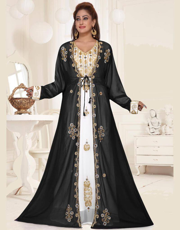 Black-White HandCrafted Zari & Stone work stitched Georgette Kaftan Party dres