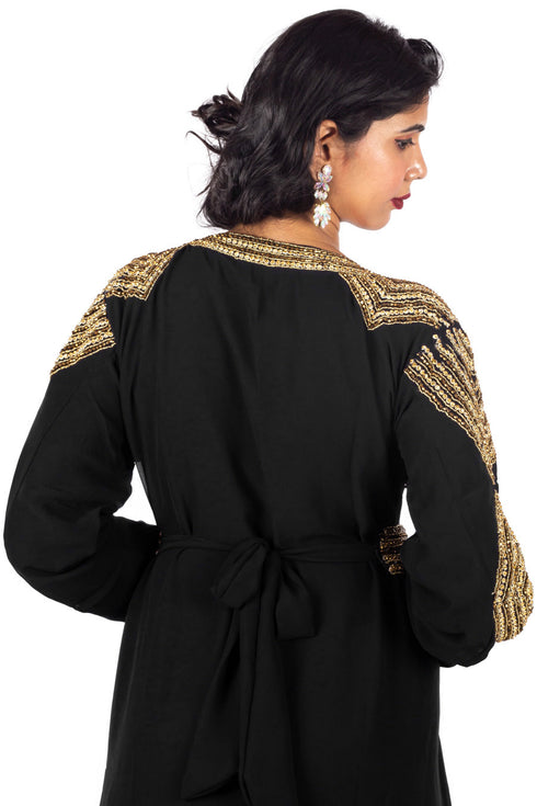 Black Diamond Design Luxurious Moroccan Kaftan with Sun-proof hijab.