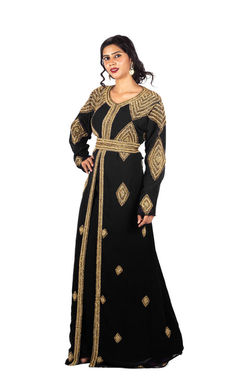 Black Diamond Design Luxurious Moroccan Kaftan with Sun-proof hijab.