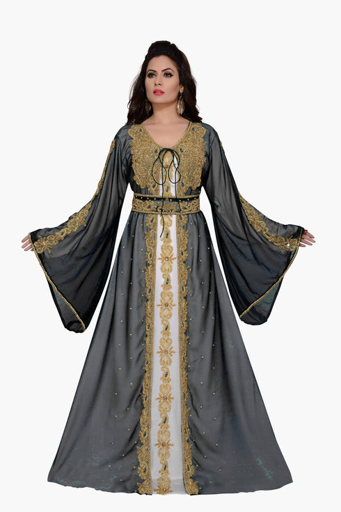 Black & white color luxurious Handmade Moroccan Kaftan with hijab