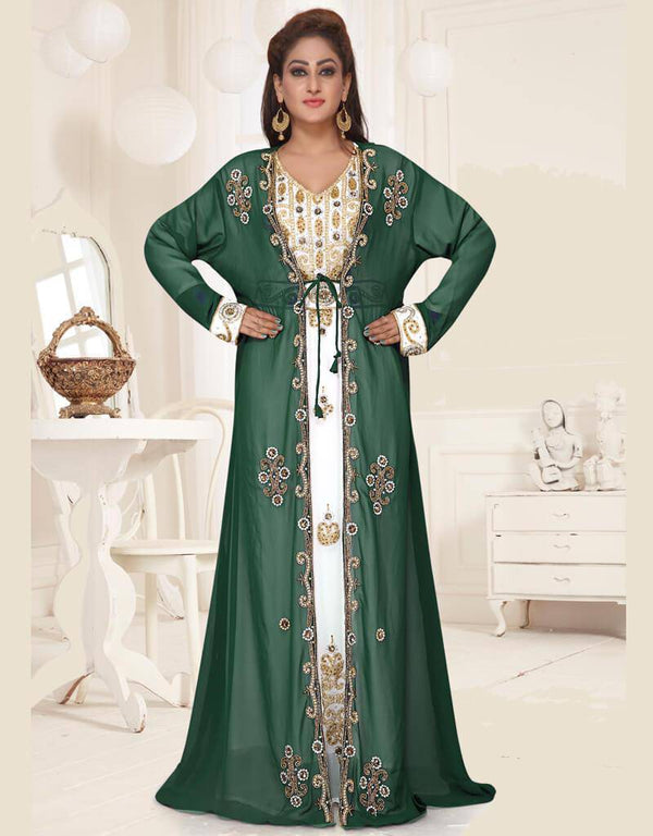 Green-White HandCrafted Zari & Stone work stitched Georgette Kaftan Wedding dress