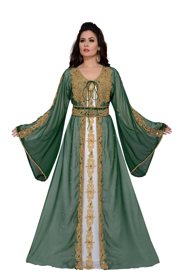 Dark Green & white color luxurious Handmade Moroccan Kaftan with hijab