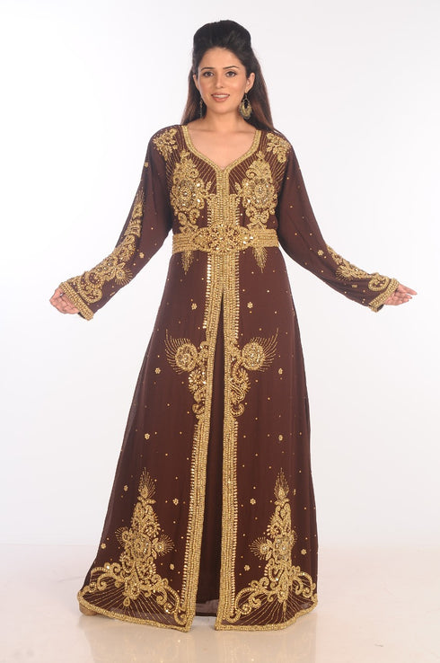Brown Dubai Moroccan Kaftan Farasha Abaya Maxi Modern Fancy Floor Length Dress