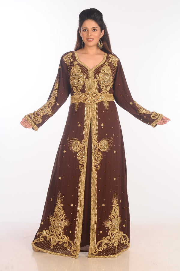 Brown Dubai Moroccan Kaftan Farasha Abaya Maxi Modern Fancy Floor Length Dress