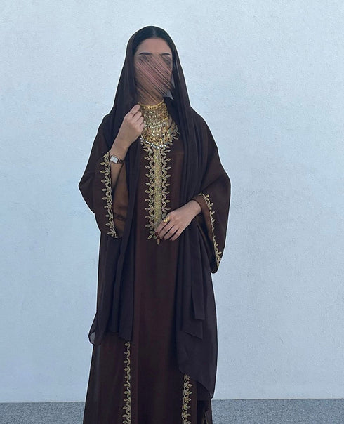 Grand Chocolate Brown Kaftan Gown with Gold Zari & Bead Work | Event Dress