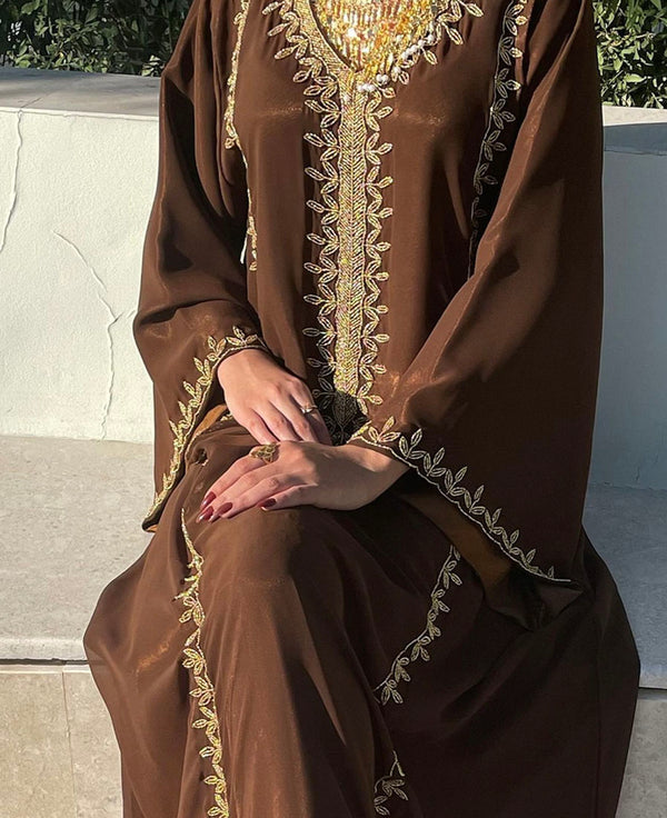 Grand Chocolate Brown Kaftan Gown with Gold Zari & Bead Work | Event Dress
