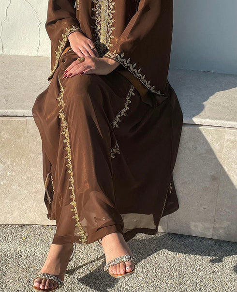 Grand Chocolate Brown Kaftan Gown with Gold Zari & Bead Work | Event Dress