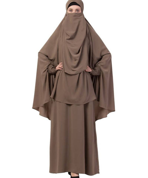 PLAIN KHAKI KASHIBO ABAYA WITH KHIMAR COMBO