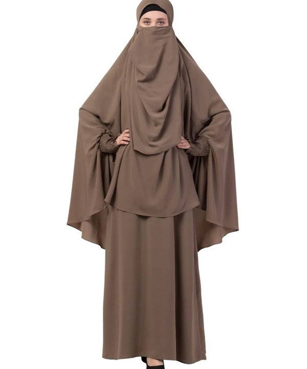 PLAIN KHAKI KASHIBO ABAYA WITH KHIMAR COMBO