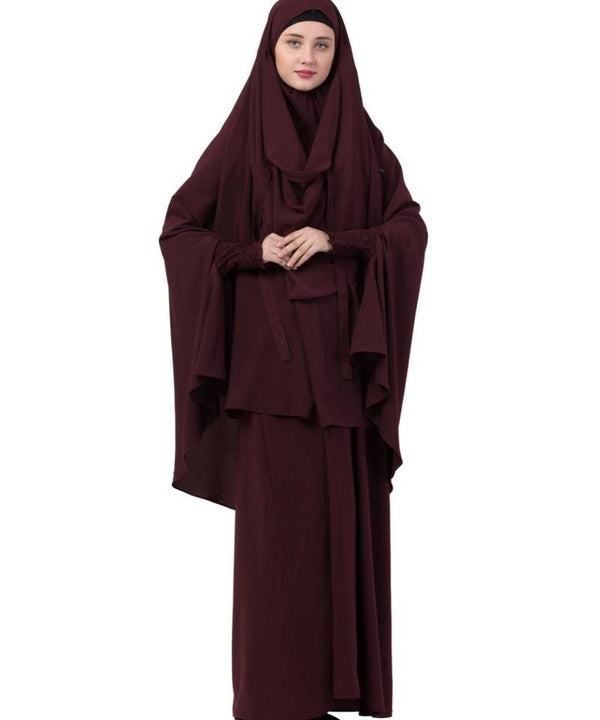 PLAIN WINE KASHIBO ABAYA WITH KHIMAR COMBO