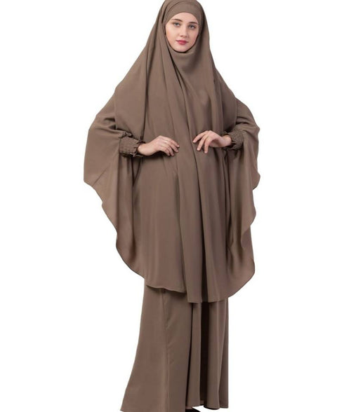 Elegant Khaki Kashibo Abaya With Khimar Combo