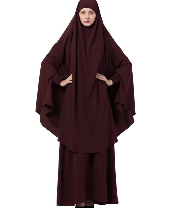 Elegant Wine Kashibo Abaya With Khimar Combo