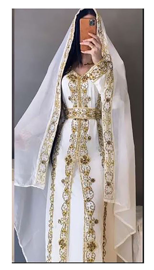 White Georgette Zari Work Party Wear Kaftan - Stitched