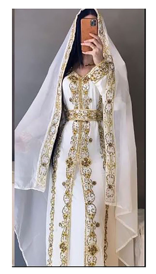 White Georgette Zari Work Party Wear Kaftan - Stitched