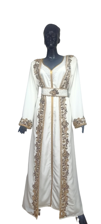 CREAM COLOUR FEB CREP ZARI WORK STONES & BEADS EMBELLISH GEORGETTE ISLAMIC STYLE ARABIAN MAXI PARTY WEAR KAFTAN