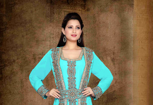 Cyan color luxurious Full Sleeves Handmade Moroccan Kaftan with hijab