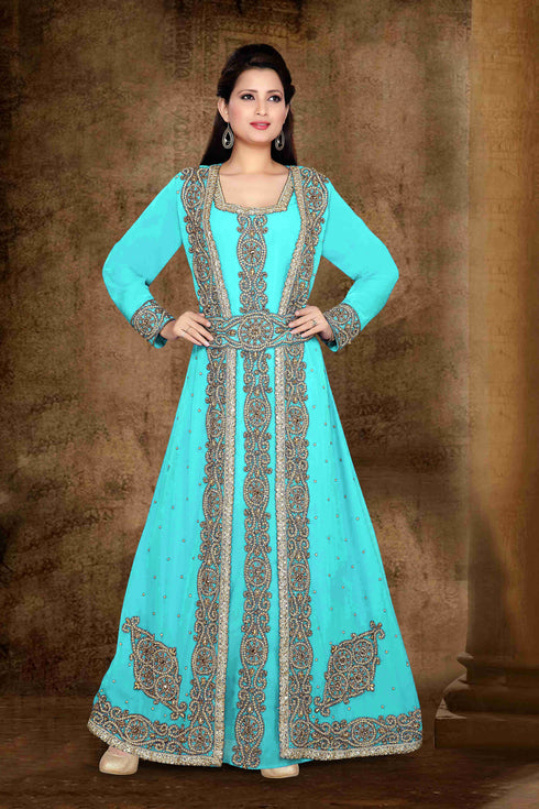 Cyan color luxurious Full Sleeves Handmade Moroccan Kaftan with hijab
