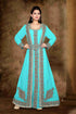 Cyan color luxurious Full Sleeves Handmade Moroccan Kaftan with hijab