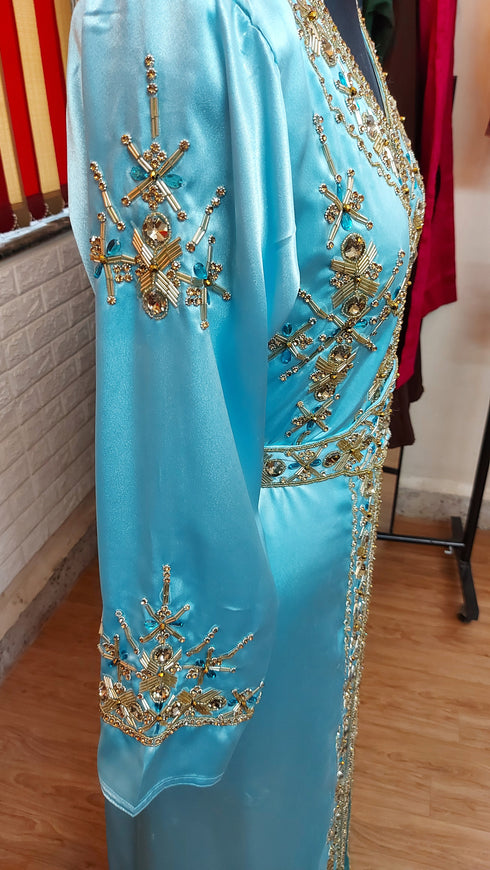 Cyan inner light gold color luxurious Full Sleeves Handmade Moroccan Kaftan.